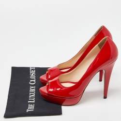 Pre Owned Prada Red Patent Leather Peep Toe Platform Pumps Size 39