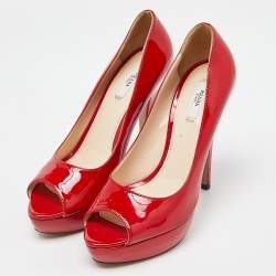 Pre Owned Prada Red Patent Leather Peep Toe Platform Pumps Size 39