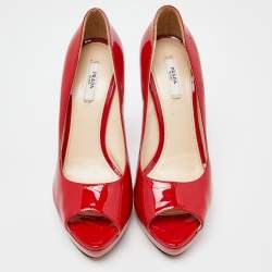 Pre Owned Prada Red Patent Leather Peep Toe Platform Pumps Size 39