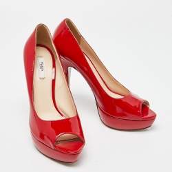 Pre Owned Prada Red Patent Leather Peep Toe Platform Pumps Size 39
