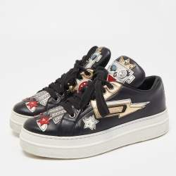 Pre Owned Prada Black Leather Embellished Low Top Sneakers Size 36
