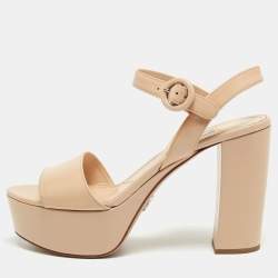 Prada Beige Patent Leather Block Heel Platform Sandals Size 38