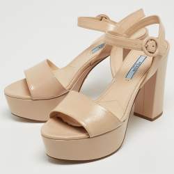 Prada Beige Patent Leather Block Heel Platform Sandals Size 38