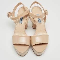 Prada Beige Patent Leather Block Heel Platform Sandals Size 38
