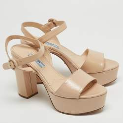 Prada Beige Patent Leather Block Heel Platform Sandals Size 38