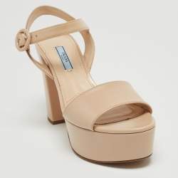 Prada Beige Patent Leather Block Heel Platform Sandals Size 38