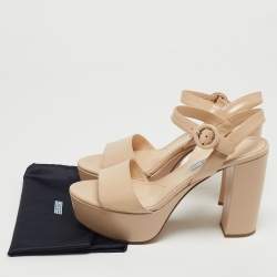 Prada Beige Patent Leather Block Heel Platform Sandals Size 38