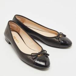 Prada Black Leather and Patent Cap Toe Bow Ballet Flats Size 37