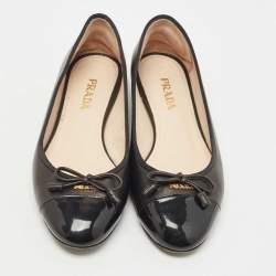 Prada Black Leather and Patent Cap Toe Bow Ballet Flats Size 37