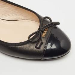 Prada Black Leather and Patent Cap Toe Bow Ballet Flats Size 37