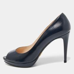 Pre Owned Prada Dark Blue Patent Leather Peep Toe Pumps Size 38