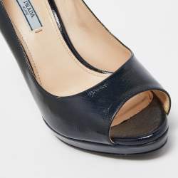 Pre Owned Prada Dark Blue Patent Leather Peep Toe Pumps Size 38