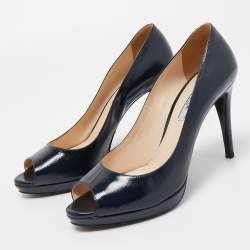 Pre Owned Prada Dark Blue Patent Leather Peep Toe Pumps Size 38