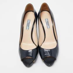 Pre Owned Prada Dark Blue Patent Leather Peep Toe Pumps Size 38