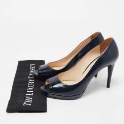 Pre Owned Prada Dark Blue Patent Leather Peep Toe Pumps Size 38