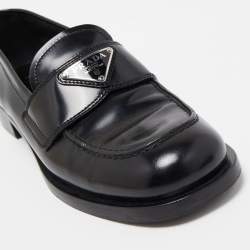 Pre Owned Prada Black Leather Logo Plaque Loafers Size 38.5 
