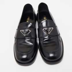 Pre Owned Prada Black Leather Logo Plaque Loafers Size 38.5 