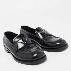 Pre Owned Prada Black Leather Logo Plaque Loafers Size 38.5 