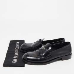 Pre Owned Prada Black Leather Logo Plaque Loafers Size 38.5 