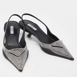 Prada Black Satin Crystal Embellished Pointed Toe Slingback Pumps 38