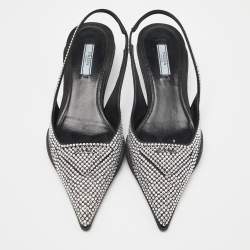 Prada Black Satin Crystal Embellished Pointed Toe Slingback Pumps 38