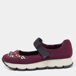 Pre Owned Prada Plum Neoprene Crystal Embellished Sneakers Size 39 