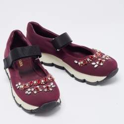 Pre Owned Prada Plum Neoprene Crystal Embellished Sneakers Size 39 