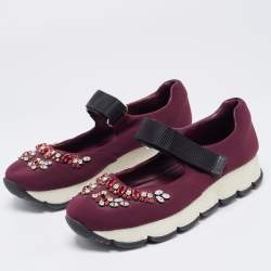 Pre Owned Prada Plum Neoprene Crystal Embellished Sneakers Size 39 