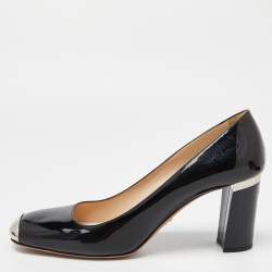 Prada Black Patent Leather Square Toe Block Heel Pumps Size 41