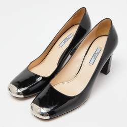 Prada Black Patent Leather Square Toe Block Heel Pumps Size 41