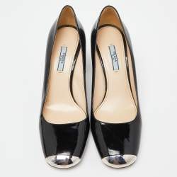 Prada Black Patent Leather Square Toe Block Heel Pumps Size 41