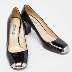 Prada Black Patent Leather Square Toe Block Heel Pumps Size 41