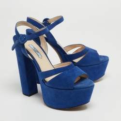 Prada Blue Suede Block Heel Platform Ankle Strap Sandals Size 38.5