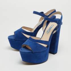 Prada Blue Suede Block Heel Platform Ankle Strap Sandals Size 38.5