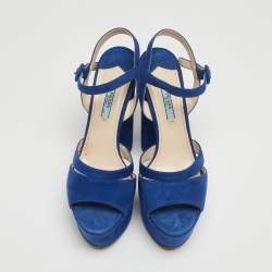 Prada Blue Suede Block Heel Platform Ankle Strap Sandals Size 38.5