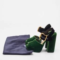 Prada Green/Black Velvet Open Toe Platform Ankle Strap Sandals Size 37