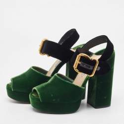 Prada Green/Black Velvet Open Toe Platform Ankle Strap Sandals Size 37