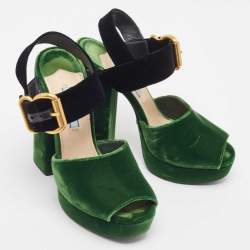 Prada Green/Black Velvet Open Toe Platform Ankle Strap Sandals Size 37