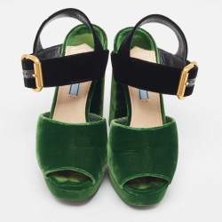 Prada Green/Black Velvet Open Toe Platform Ankle Strap Sandals Size 37