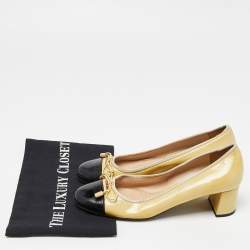 Pre Owned Prada Yellow/Black Patent Leather Bow Block Heel Pumps Size 38.5