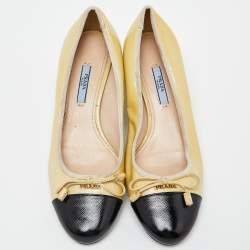 Pre Owned Prada Yellow/Black Patent Leather Bow Block Heel Pumps Size 38.5