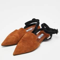 Prada Brown Suede Pointed Toe Ankle Strap Flat Mules Size 37