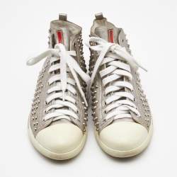 Pre Owned Prada Silver Leather Stud High Top Sneakers Size 40