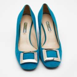 Prada Blue Suede Block Heel Pumps Size 39.5