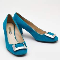 Prada Blue Suede Block Heel Pumps Size 39.5