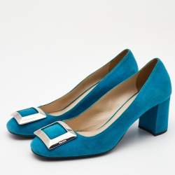 Prada Blue Suede Block Heel Pumps Size 39.5