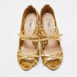 Prada Gold Leather Bow Open Toe Caged Sandals Size 38.5
