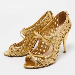 Prada Gold Leather Bow Open Toe Caged Sandals Size 38.5