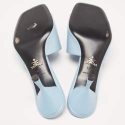 Pre Owned Prada Light Blue Leather Brushed Heel Slide Sandals Size 39.5