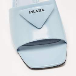 Pre Owned Prada Light Blue Leather Brushed Heel Slide Sandals Size 39.5